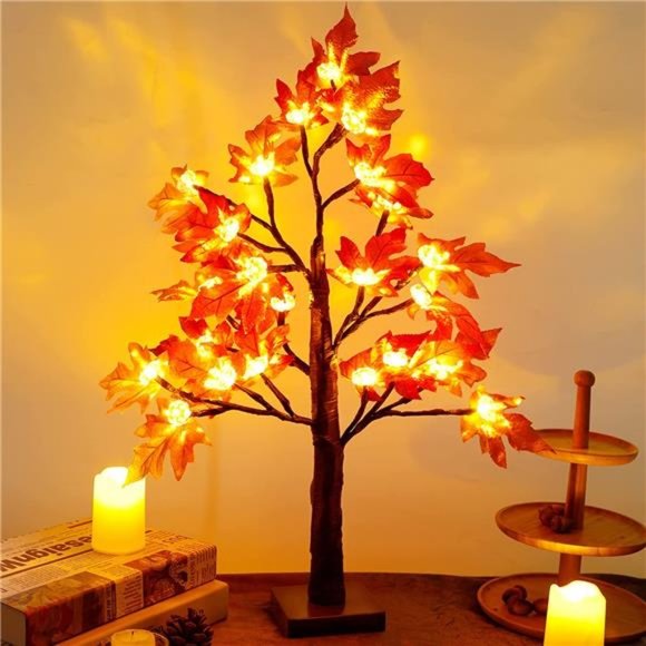 22 Inch Thanksgiving Artificial Maple Tree with Pumpkin LED Lights and Timer - Picture 1 of 7